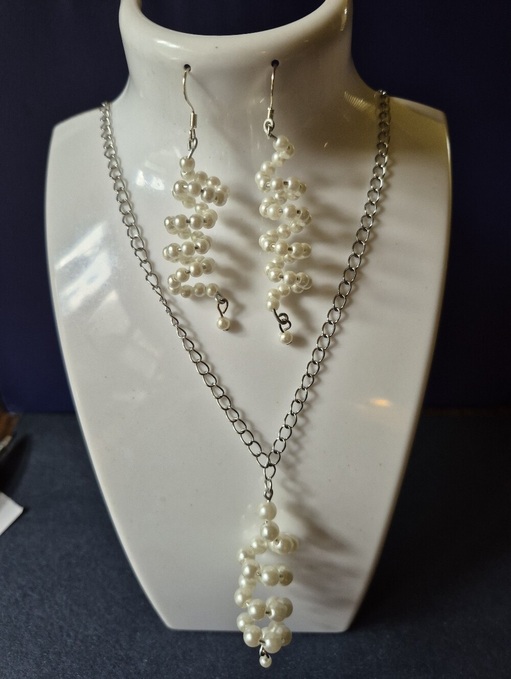 Handcrafted Spiral Pearl Necklace and Earrings Set